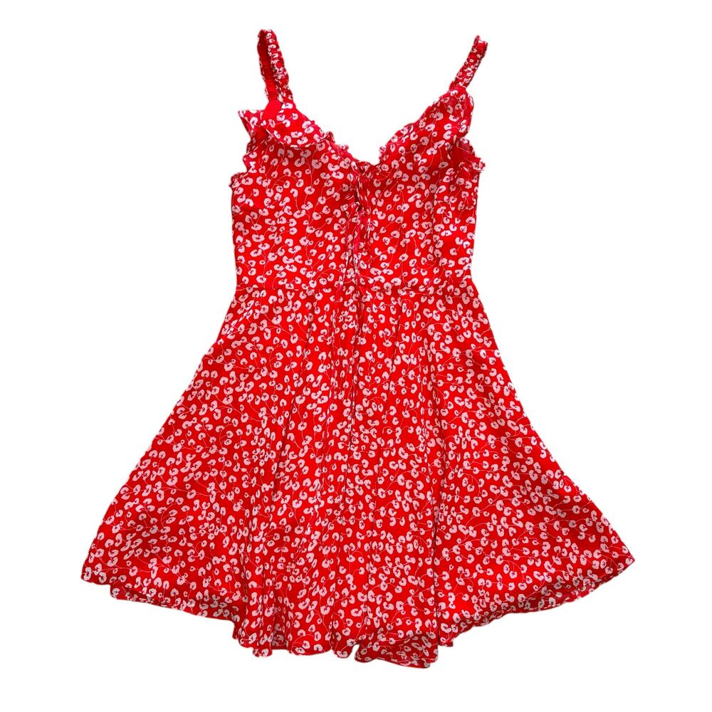 Aqua Women's Red Floral Ruffle Tie Up Mini Dress Medium